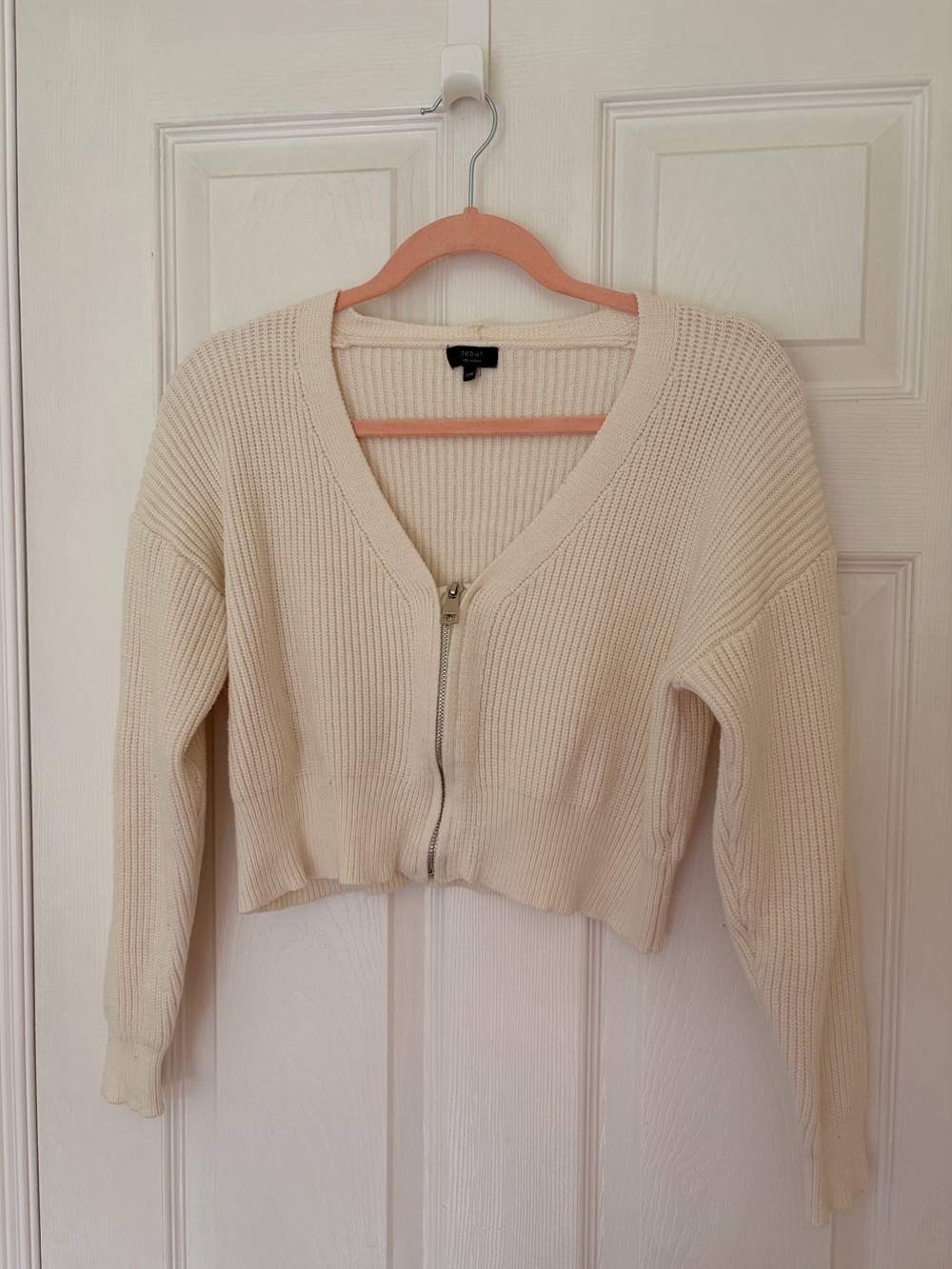 Debut Cream Cropped Zip Up Knit Cardigan Sweater S/M